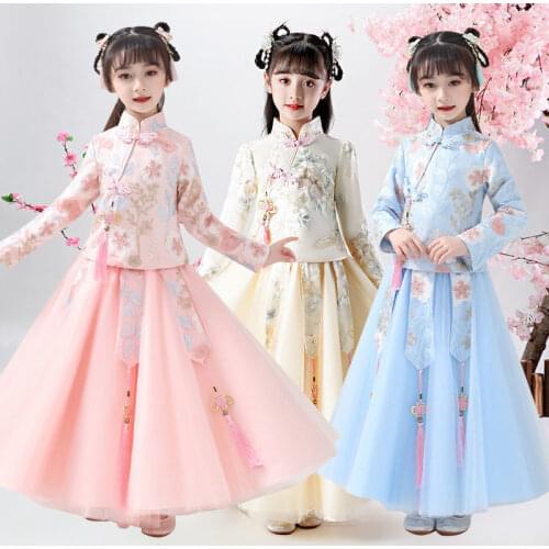 Girl Chinese Cheongsam Hanfu Embroidery Dress Kids Princess Costume Wedding Aodai Children Qipao Floral Vestidos Evening Party