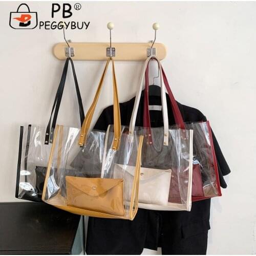 Fashion Women Transparent Shoulder Composite Bag Casual All-match Pure Color PVC Handbags Portable Large Capacity Shopping Purse