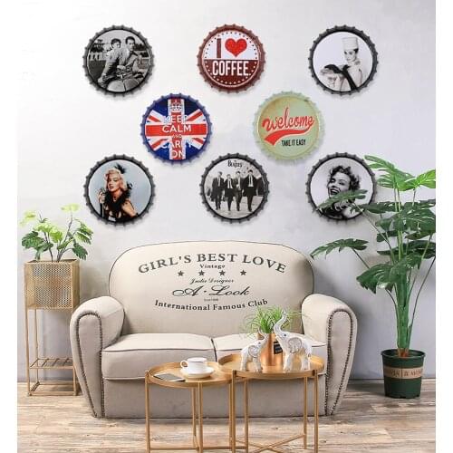 Wall Hanging Accessories 35cm for Bar Coffee Hotel Retro Beer Bottle Cap Creative Iron Painting Restaurant Wall Crafts