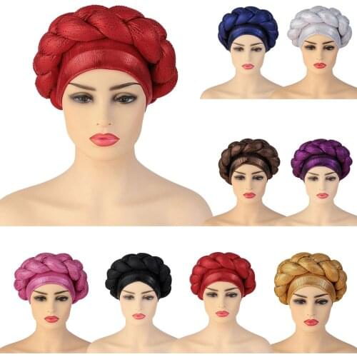 Latest African Auto Geles Aso Oke Headtie Already Made Headties Rhinestone Turban Cap Women Ready Female Head Wrap Muslim Hijab