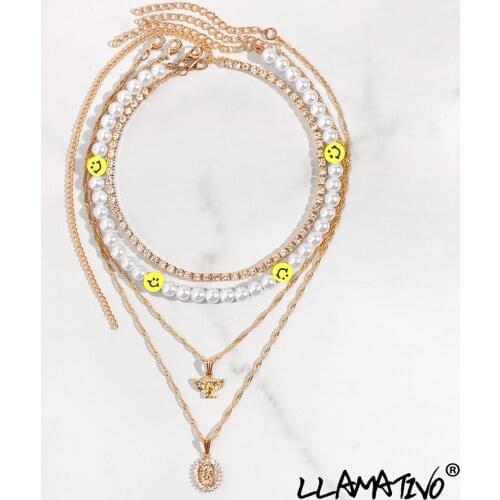 Smiley Face Imitation Pearl Beaded Necklace Multi layer Angel Maria Portrait Crystal Tennis Chain Necklace Bohemian New Jewelry