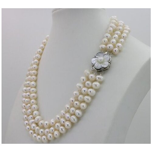 Selling Jewelry>>Fashion Charming 3 Row 7-8MM White Freshwater Pearl Necklace Chain Floral Buttons Jewelery Women Girl Banquet 1