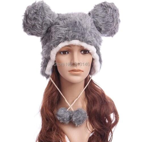 Cartoon Plush Animal Gray Mouse Fuzzy Warm Beanie Hat Winter Adult Womens Men Children Kids Boys Girls Fluffy Cosplay Costume