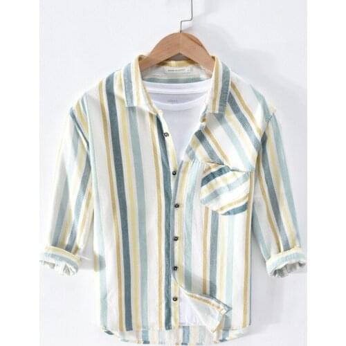 2060 Summer Youth Shirts Energetic Trendy Classic Striped Cotton Linen Half Sleeves Handsome Boyfriend Loose Casual Men Tops