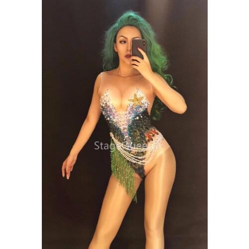 Stage Glisten Rhinestones Pearls Printed Dj Bodysuit Sexy Tassel Dance Outfit Nightclub Party Womens Celebrate Singer Bodysuit