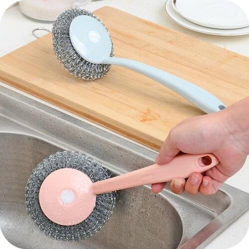 Kitchen Cleaning Brush Long Handle Stainless Steel Wire Ball Brush Decontaminate Brush Pot Bottom Rust Removal Kitchen Cleantool