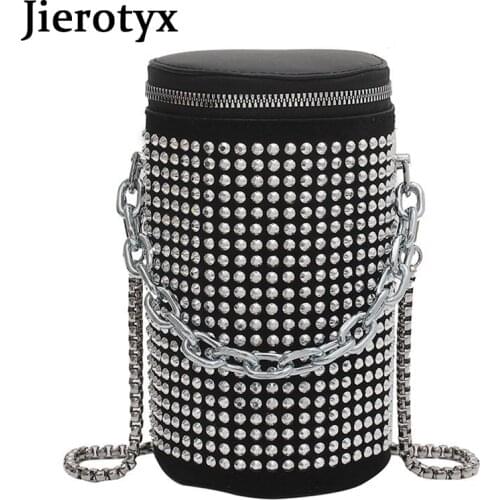 JIEROTYX Mini Crossbody Bags For Women Fashion Chain Strap Rhinestone Small Bucket Ladies Messenger Bags Evening Party Wedding