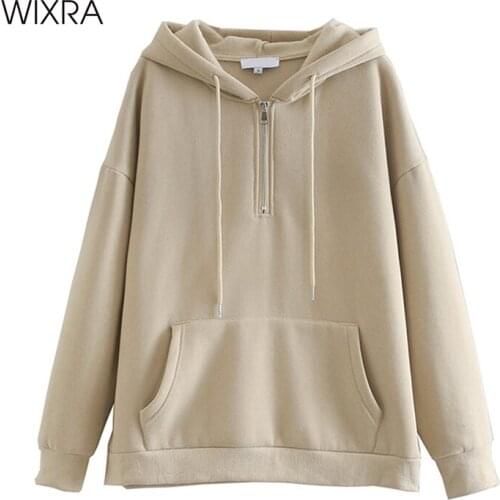 Wixra Womens Pockets Sweatshirts Solid Zippers Hooded Long Sleeve Autumn Spring Casual Pullover Tops