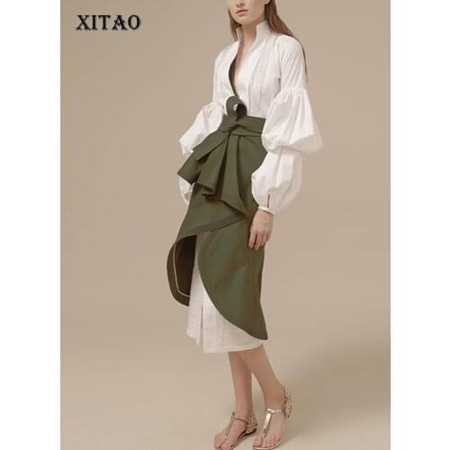 XITAO Two Piece Set Irregular Pleated Dress Women Clothes 2020 Spring New Stand Collar Puff Sleeve Personality Dress ZY3560