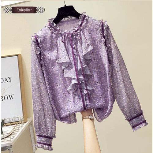 Women Spring Fall Basic Shirts Blouses Long Sleeve Elegant Office Lady Floral Printed Purple Chiffon Ruffled Tops 3102