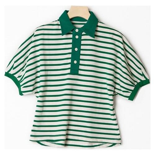 Ladies Cotton Contrast Striped Lapel Short Sleeve Tees Top