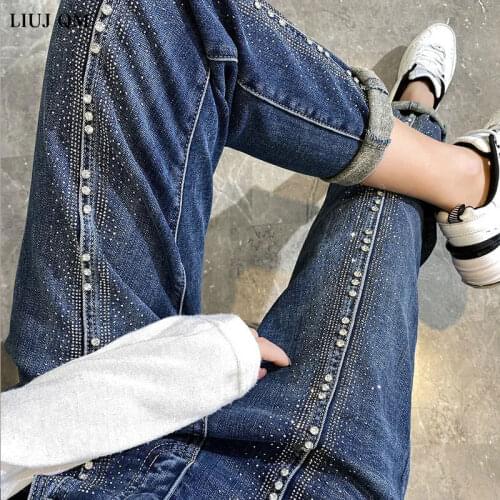 2021 Korean Style New Blue Jeans Woman Pencil Pants High-waisted Denim Trousers Women Diamond-studded High-elastic ropa mujer