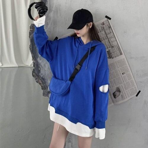 Women Hoodies Spring Autumn 2021 New Korean Style Splice Streetwear Oversized Loose Hole Fake Two Sweatshirt Female Bluza Damska