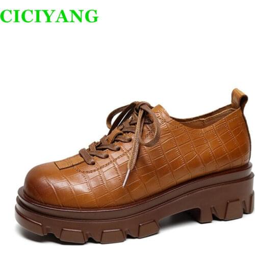 GIYU Female Big Head Shoes 2021 Spring New Genuine Leather Chunky Platform Womens Casual Shoes Manual Retro Ladies Single Shoes