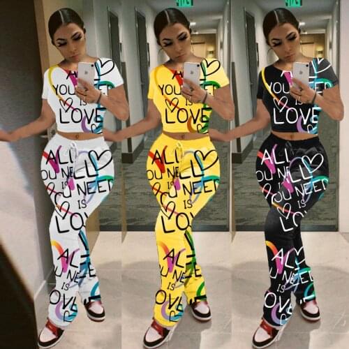 2021 Best Quality Famous Brand 2 pcs Tracksuits Women Set Letters O-neck Short Sleeve T-shirt Long Pants Elastic Outfits