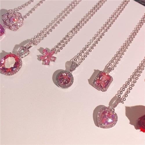 Necklace For Women Clavicle Chain Pendant S925 Sterling Silver Pink Cubic Zirconia Diamant Temperament Accessories Fine Jewelry