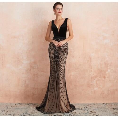 Sexy Mermaid Women Prom Dress Black Velour Top Champagne Lining Dubai Evening Gowns Formal Party Prom Dresses Vestidos De Gala