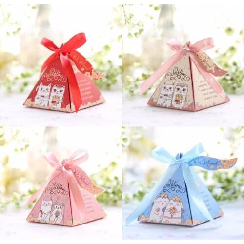 100pcs Creative pink/blue/red cartoon bear Triangular Pyramid Wedding Favors Candy Boxes Bridal Shower Party Paper Gift Box