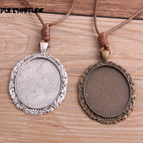 2pcs Zinc Alloy Two Color 30*40mm Lace Oval Cabochon Settings Blank Cameo Pendant Base Tray With Leather Cord For Jewelry Making