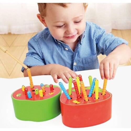 3D Baby Montessori Educational Wooden Toy Magnetic Stick Strawberry Catching Worm Interacte Color Cognitive Early Education Toy