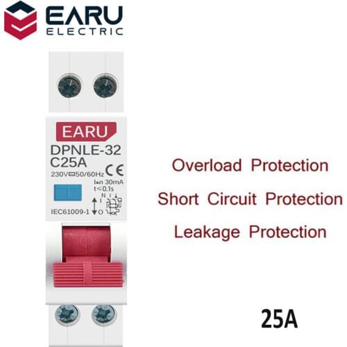 25A 18MM Mini 230V 50/60Hz RCBO 1P+N 6KA Residual Current Differential Automatic Circuit Breaker Over Current Leakage Protection