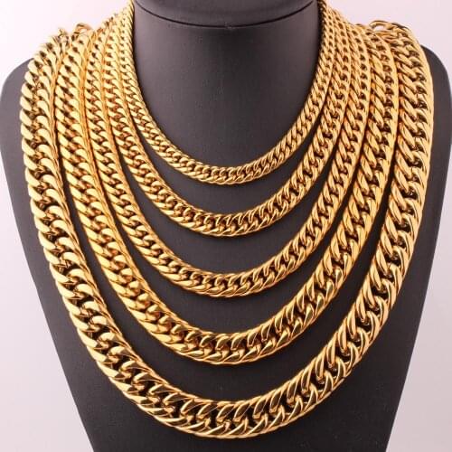 Stainless Steel Gold Color Fashion Cuban Curb Chain Mens Boys Cool Hip Hop Jewelry Necklace Or Bracelet 9/11/16/20mm 7-40