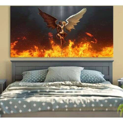 Devil and angel love Black White Feather Angel Wings Canvas painting Wall Art HD Print Poster On Pictures Home Decor No Frame