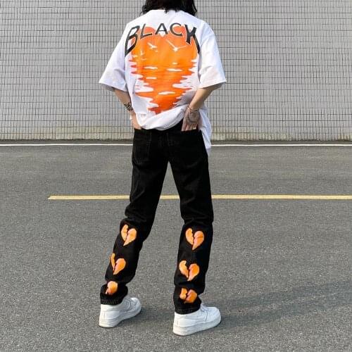Heartbreak Print Pencil Jeans High Street Hip Hop Jeans for Men Women Streetwear Clothes Hip Hop Boyfriend Jeans Pants