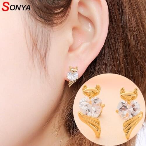 SONYA Hot Sale Genuine Silver/Gold Plating Fashion Fox Animal Stud Earrings for Women Gold Silver Jewelry