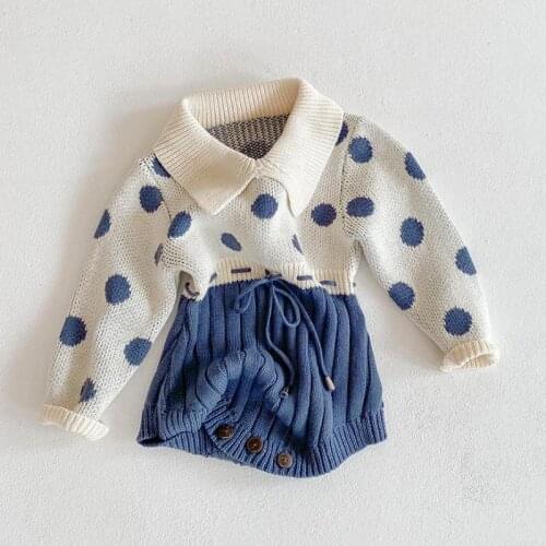 Dot Print Long Sleeve Splice Jumpsuit Outfits 0-3Y Baby Autumn Clothing Infant Newborn Baby Girls Knitted Bodysuit
