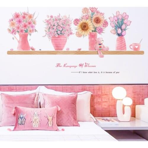 Creative Wall Stickers Flowers Potted for Living Room Girl Bedroom Baseboard Removable Pink Wall Decals Art Home Decor
