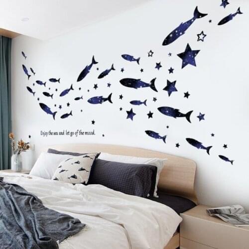 Creative Personality Poster Paper Wall Stickers DIY Blue Stars Whales Fish Decals for Bathroom Living Room Decoration