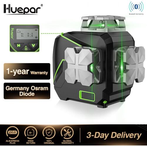 Huepar 3D LCD Display Cross Line Laser Level 12 Lines Green Beam Bluetooth & Remote Control Functions S03CG With Hard Carry Case