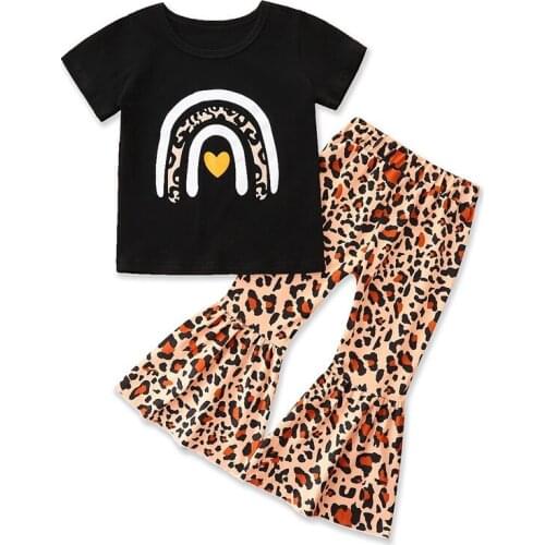 Summer Girl Set Rainbow Print T-shirt + Leopard Print Wide Leg Pants Suits for Kids