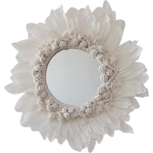 Macrame Mirror Handmade Makeup Mirror Boho Feather Wall-Mounted Acrylic Mirrors Home Porch Mirrors For Home Makeup Bath Room