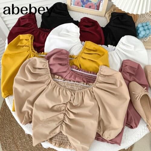 Fashion versatile square collar puff sleeve Shirt high waist pleated irregular short Shirt Top 2021 New Summer Women