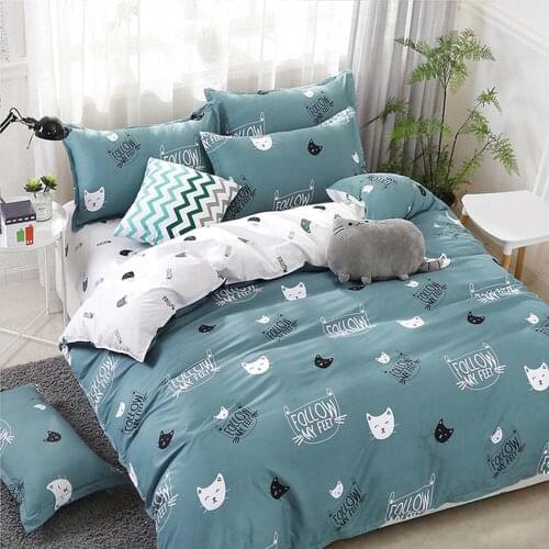 Home Textile Cyan Cute Cat Kitty Duvet Cover Pillow Case Bed Sheet Boy Kid Teen Girl Bedding Covers Set King Queen Twin