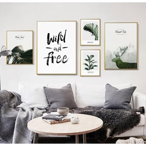 Nordic Green Plant Leaves and deer Canvas Paintings Botanical Prints Leaf Wall Art Picture Home Decor for Living Room Unframed