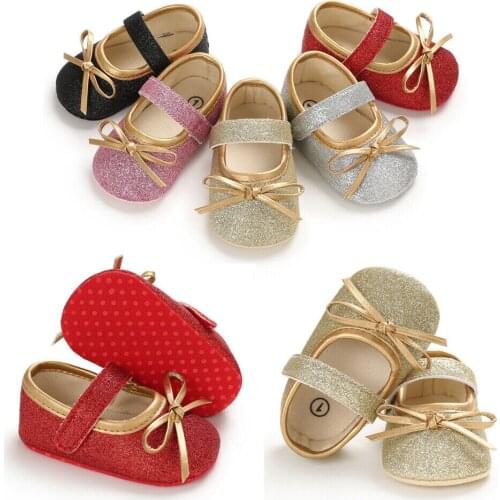 Boiiwant Baby Shoes Newborn Baby Girls Soft Sole Crib Sequins Princess Shoes Princess Party Bowknot Shoes Flat Prewalker 0-18M