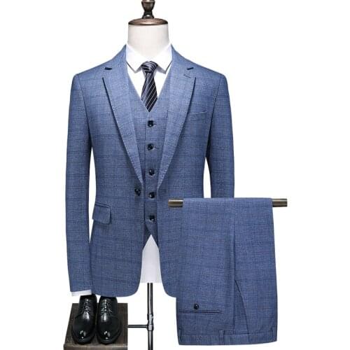 Jacket + Vest + Pants ) 2021 Latest luxury Fashion Mens Plaid Casual Business Suit Social Formal Suit 3 Pcs Set Groom Wedding