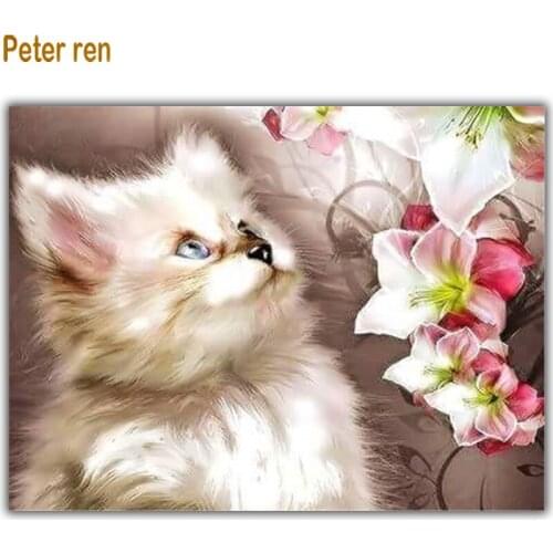 Peter ren Diamond painting cross stitch animal cat Square\Round mosaic Rhinestones Full embroidery Home Decorations Kitten peach