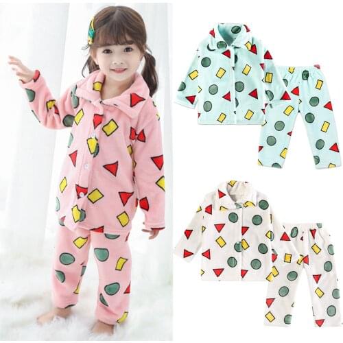1-7Years Kids Baby Boy Girl Cartoon Pajamas Winter Thick flannel Warm Coats Pants Outfits Set pijama familiar Geometric print M4