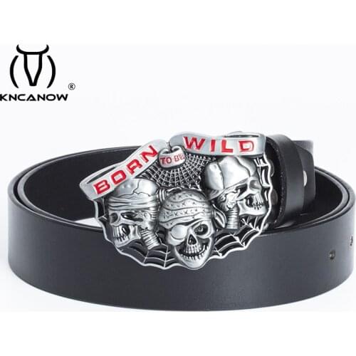Male Belt For Mens High Quality Hot Sale Cow Genuine Leather Strap Born To Be Wild Skull Buckle Fashion New Jeans Gift Cinturon