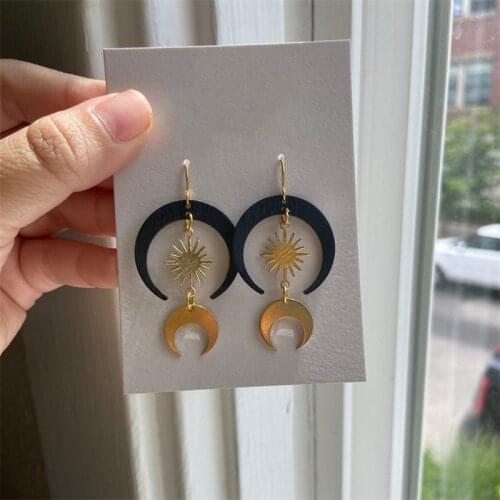 Solar, Celestial Bodies Dangle Earrings, Gold Crescent Moon Drop Earrings