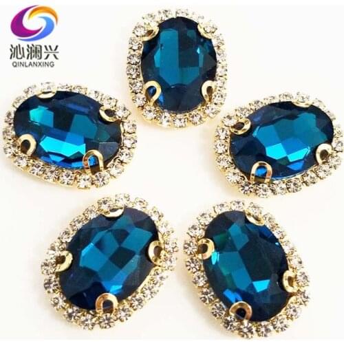 Peacock blue oval shape top quality Glass Crystal buckle,golden bottom sew on rhinestones,Diy/Clothing/wedding decoration