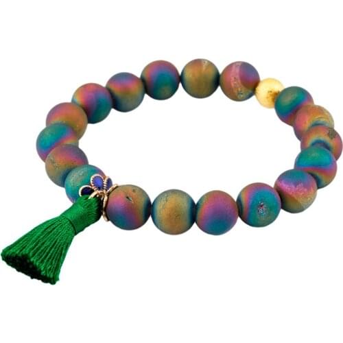 SUNYIK Rainbow Titanium Coated Druzy Geode Crystal Quartz 10mm Beads Bracelet,with Tassel Wristband