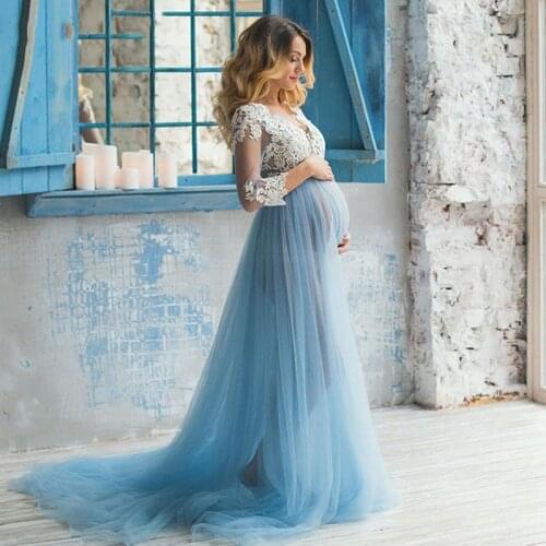 Verngo Pregnant Wedding Dresses Boho Wedding Dress Blue Appliques Lace Tulle Long Sleeve Maternity Bridal Gown For Weddings