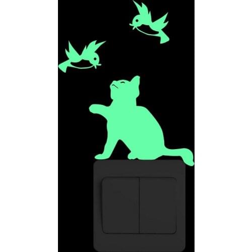 Glow in the Dark Light Switch Sticker Funny Cat Luminous Stickers Kids Rooms DIY Decoration Cartoon Fluorescent Birds Wall Decal