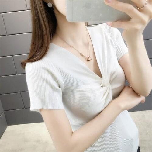 New V-neck spring and summer Sweater women with thin solid color knit elastic cultivateLadies Sweater Slim fit and high elastici