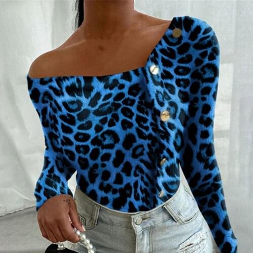 Spring Women Shirts Long Sleeve 2021 Sexy One-Shoulder Button Leopard Print Shirt Tops Slim Solid Color Knitted Women Shirts